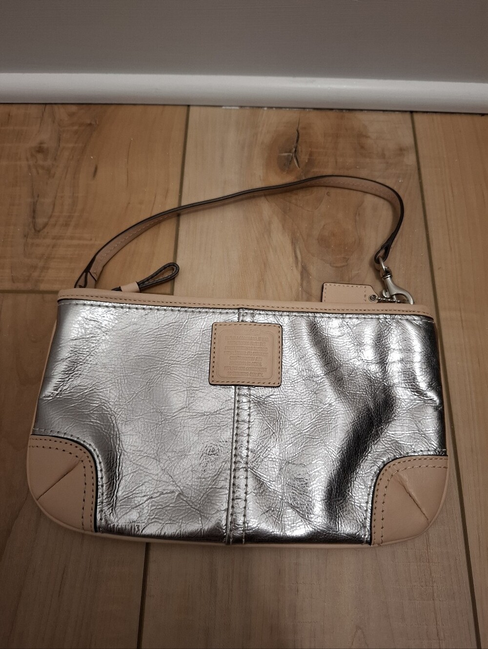 Coach Women's Wristlet Silver Metallic Leather Cream Tan Vachetta Leather Design